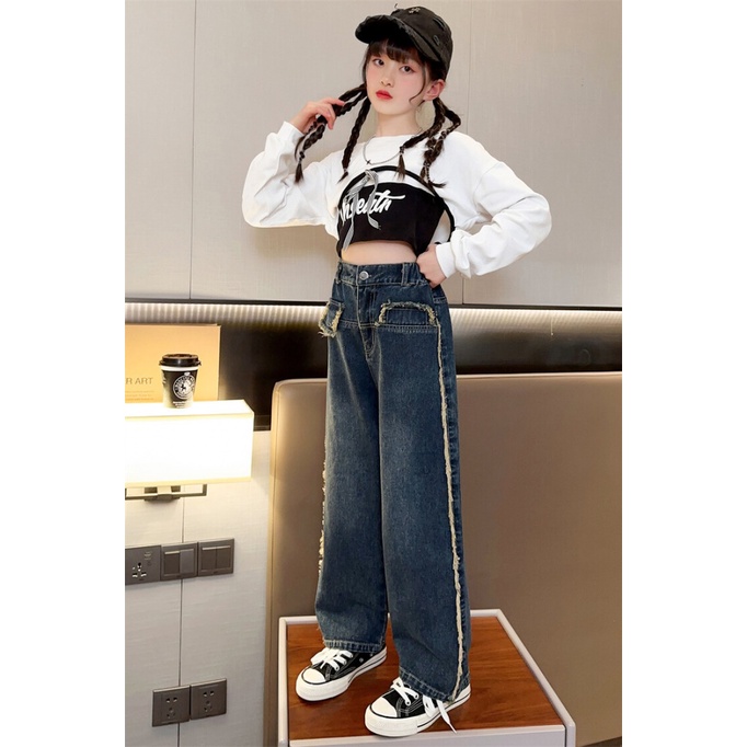 Set Áo Thun Dài Tay + Quần Jeans Dài Thời Trang Cho Bé Gái