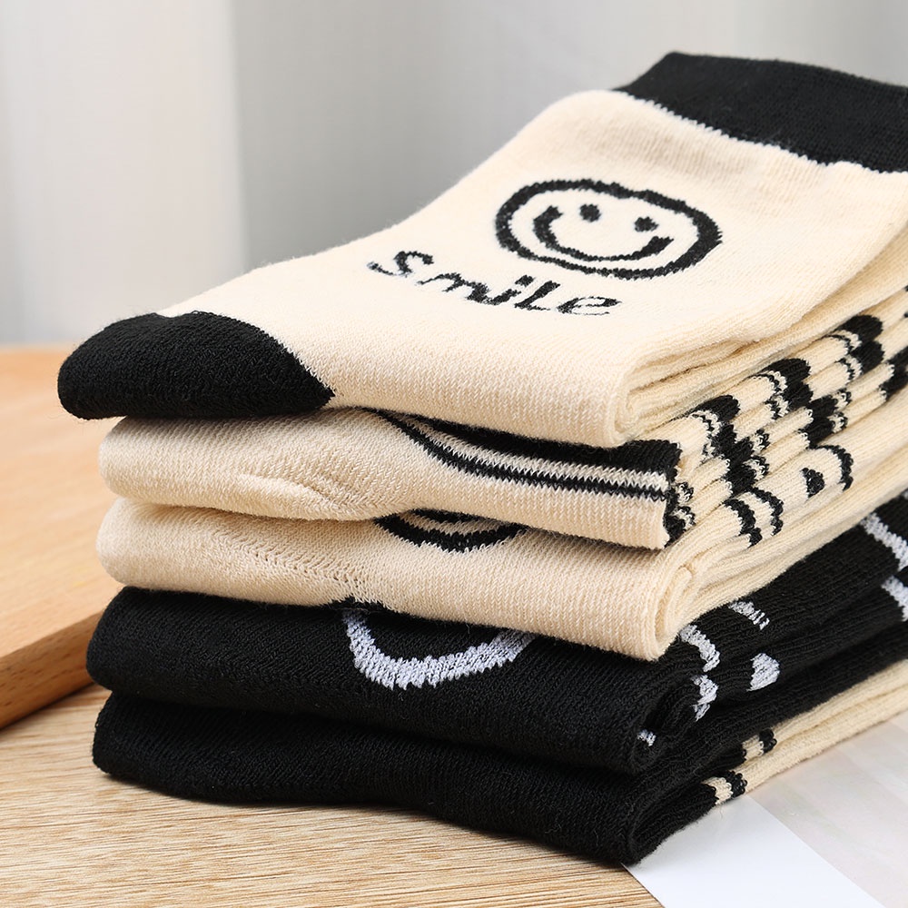 Bộ 5 Đôi Vớ Cotton Mềm Mại Thoáng Khí In Họa Tiết Mặt Cười Phong Cách Hàn Quốc Cho Nữ