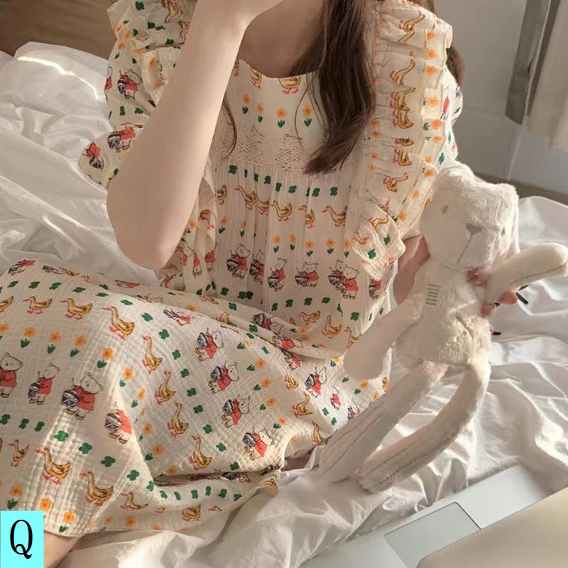 Đầm Ngủ Dài Tay Ngắn Dễ Thương Phong Cách Nhật Bản Thời Trang Mùa Hè Cho Nữ