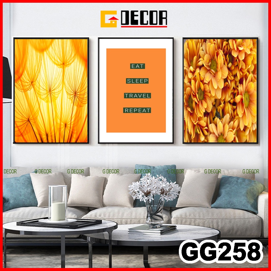 Tranh treo tường canvas khung gỗ 3 bức phong cách hiện đại Bắc Âu tranh hoa trang trí phòng khách phòng ngủ phòng ăn 258