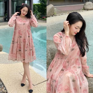 Đầm voan tơ babydoll hoa cúc màu hồng cam D1000