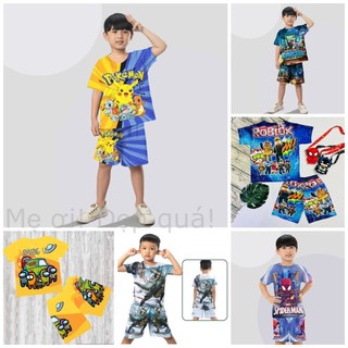 Quần áo bé trai đồ bộ thun lạnh size đại in hình 3d hoạt hình spiderman, roblox, khủng long, minecraft