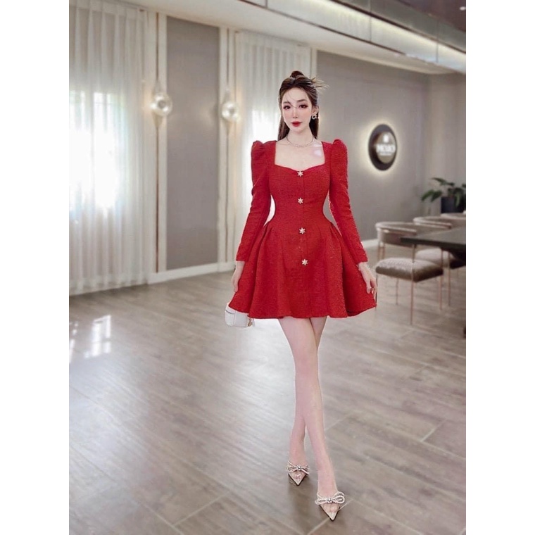 GIẢM GÍA CỰC SỐC - ĐẦM  MONAGAN ÁO TAY DÀI CỔ VUÔNG ÔM EO DÁNG NGẮN XÒE CỰC XINH ĐẸP NỮ TÍNH ĐI CHƠI DỰ TIỆC CƯỚI UP VLT