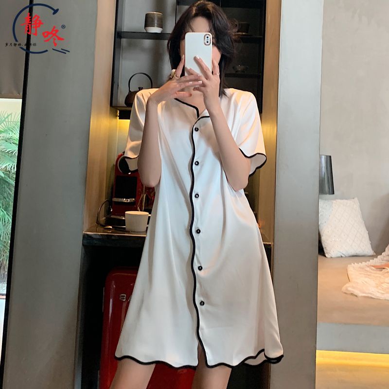 Đầm Ngủ Lụa Một Mảnh Tay Ngắn Màu Trắng Dáng Rộng Thời Trang Mùa Hè Cho Nữ