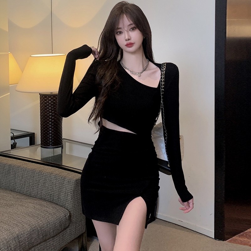 Neeeh Đầm Ôm Eo Tay Dài Cổ Chéo Gợi Cảm Phong Cách Mới Cho Nữ