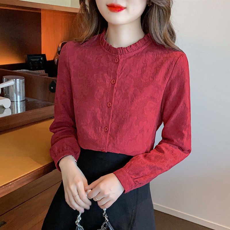 ICE Cotton Younger Fashion Jacquard Cotton Shirt Women's Western Style Cotton Wooden Ear Collar Shirt Long Sleeve