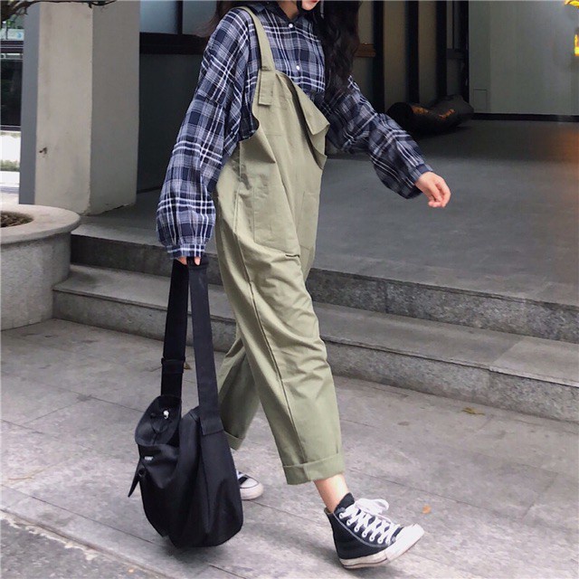 Quần yếm khaki dài ulzzang / quần yếm ống rộng kaki xanh rêu và đen