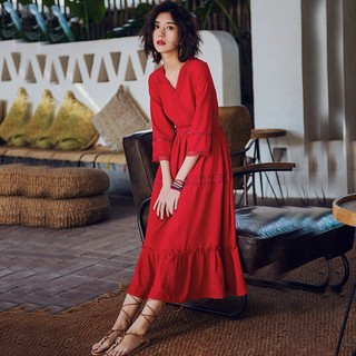 váy boho/ đầm boho style / váy maxi dáng dài đỏ phối ren ORDER - kèm ảnh thật