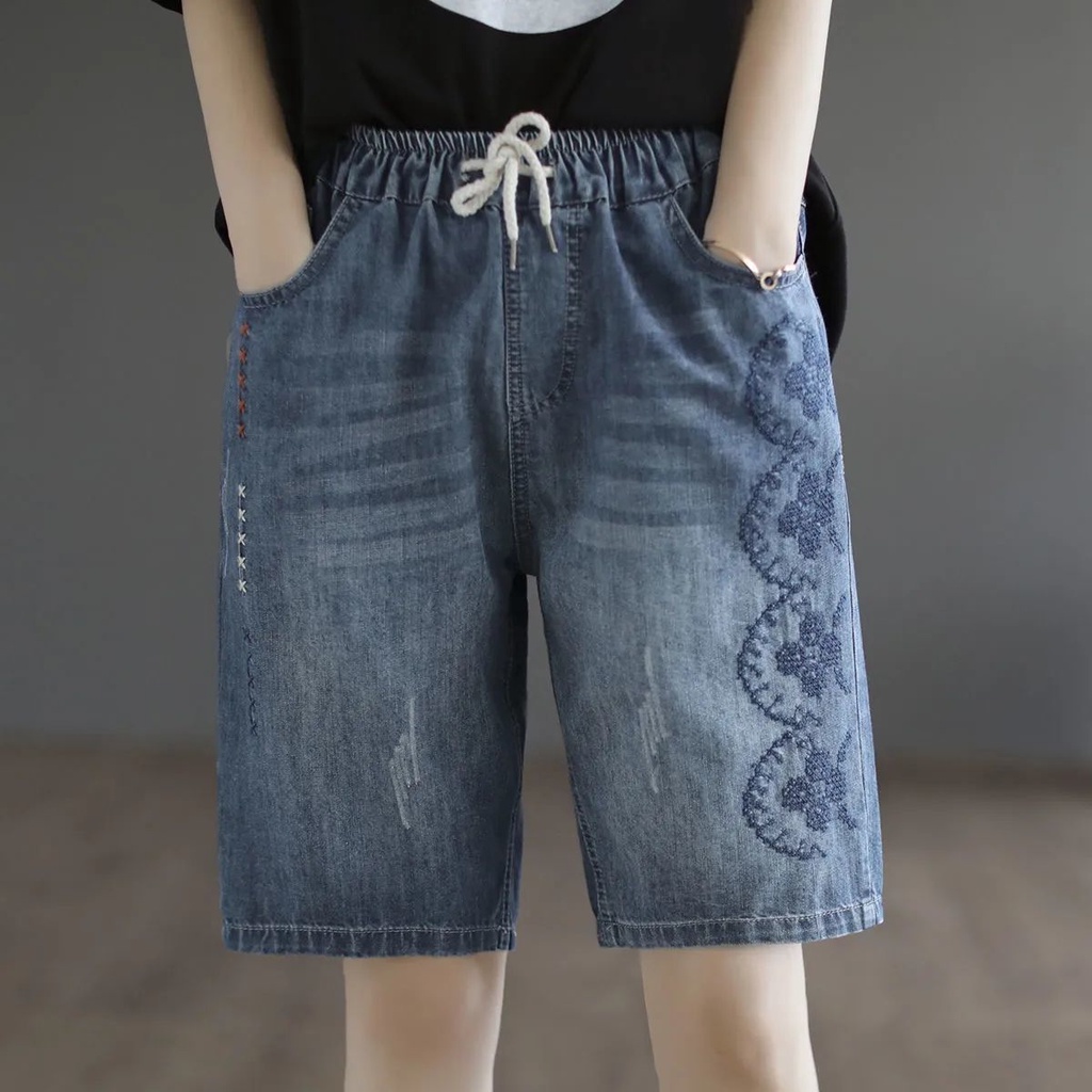 Quần Jean Cotton Lưng Thun Cột Dây Co Giãn Thêu Họa Tiết Cổ Điển Mẫu Mới 2023 Thời Trang Mùa Hè Cho Nữ