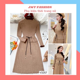 V3257 Váy len nâu dập ly dáng dài [kèm video SP] váy len cổ lông tiểu thư - DVC&ACC
