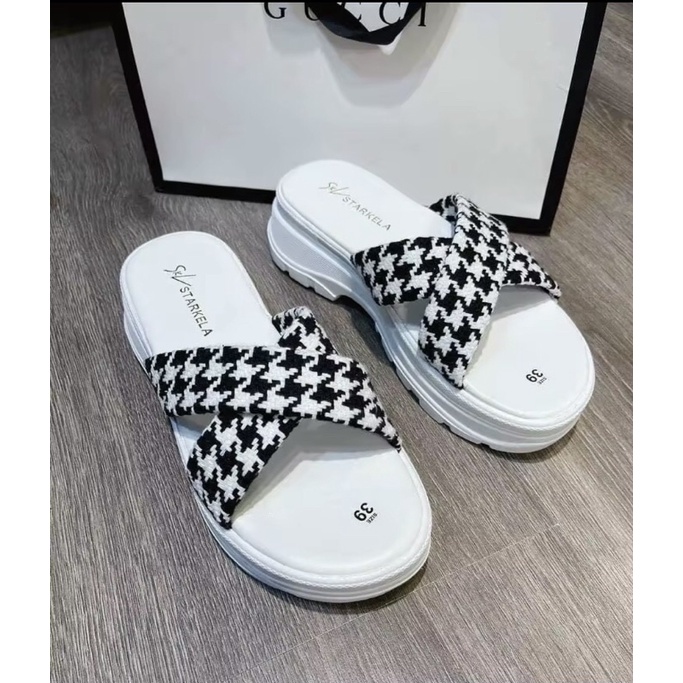 Dép Bánh Mì Hai Dây Chéo Caro Đế Đúc Nữ Cao 5 Phân