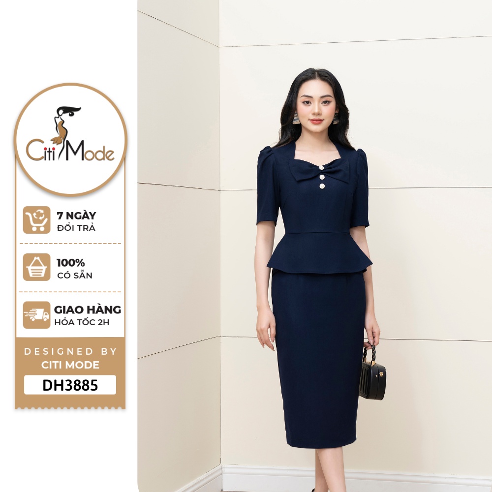 Đầm công sở CITI MODE FASHION thiết kế dáng ôm peplum xanh than phối cổ nơ cách điệu DH3885