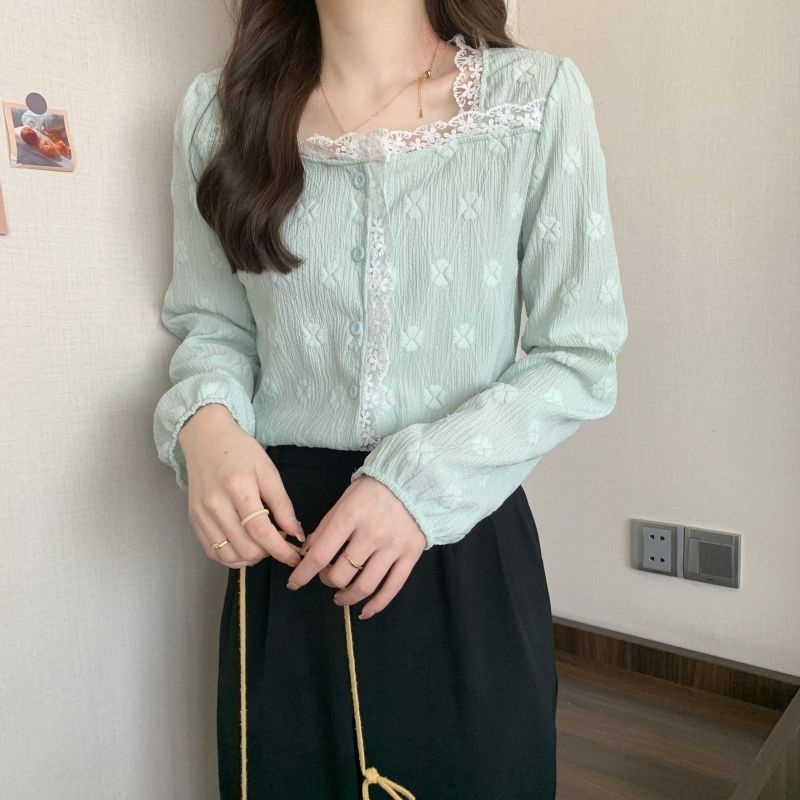 Áo Thun Tay Dài Cổ Vuông Phối Ren Thoải Mái Thời Trang Mùa Thu Mới 2023