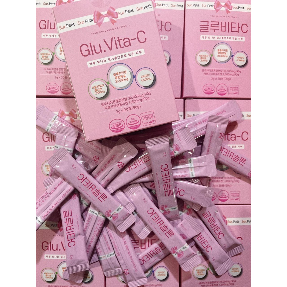 Bột trắng da Glu Vita C collagen uống trắng da fish collagen peptide Sur.Petit Morea Giảm Nám Giảm Nếp Nhăn Hộp 30 gói