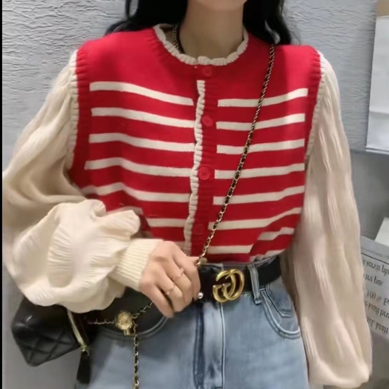 Áo kiểu SUXI tay phồng họa tiết kẻ sọc phong cách Hàn Quốc thời trang mùa xuân cho nữ