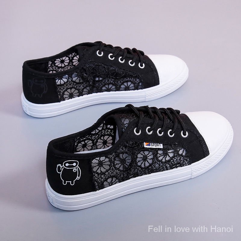 Miễn Phí Vận Chuyển Giày Sandal Vải Canvas Phối Ren Lưới Phẳng Mùa Hè Hàn Quốc 2022 Phong Cách Mới Cho Nữ Dễ Phối Đồ