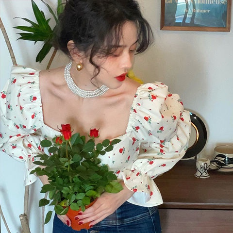 COZOK Áo kiểu COZOK tay phồng cổ vuông họa tiết hoa phong cách vintage thời trang