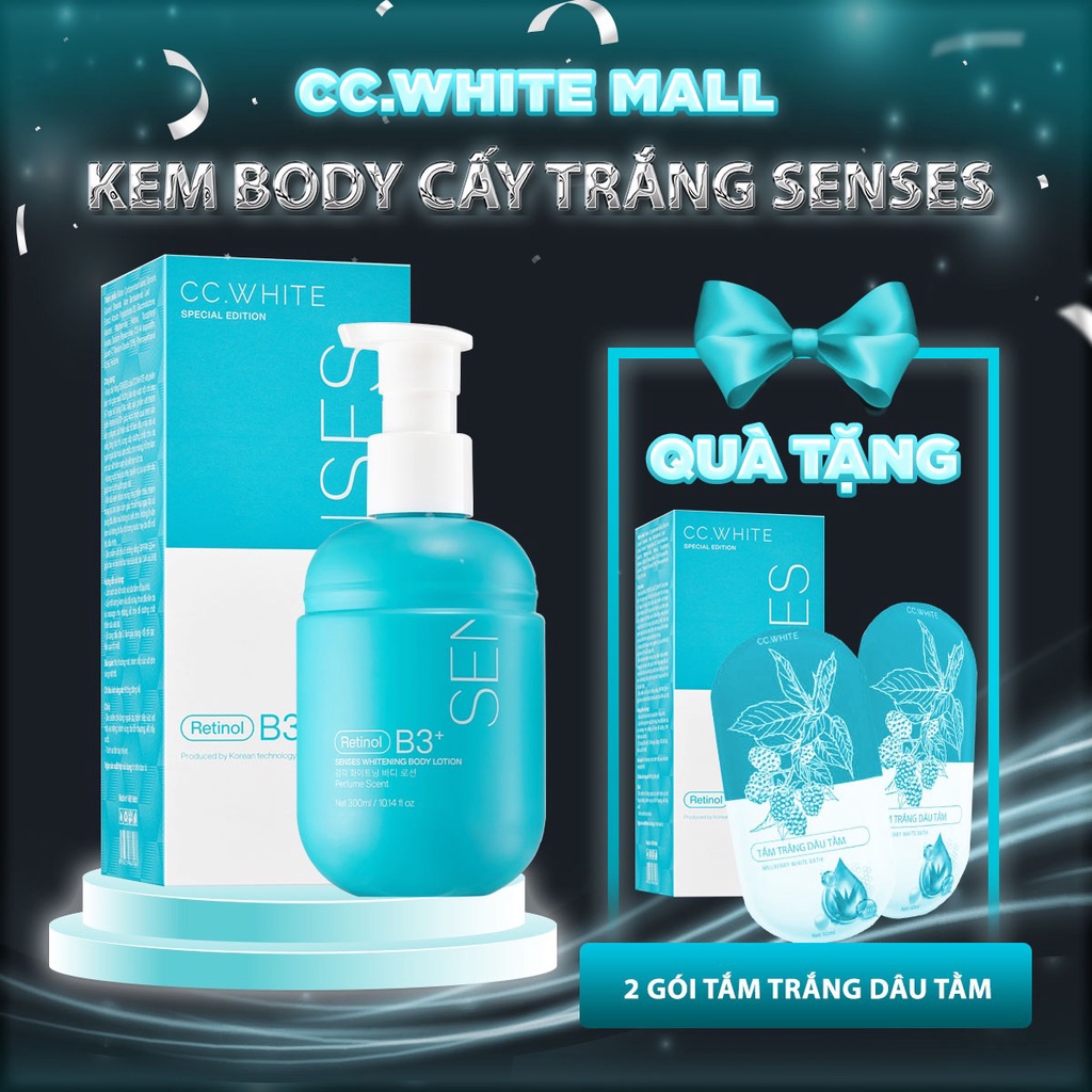 Kem body trắng da toàn thân SENSES WHITE, kem dưỡng da body hỗ trợ trắng sáng mờ thâm sạm mua 1 tặng 2 gói tắm trắng