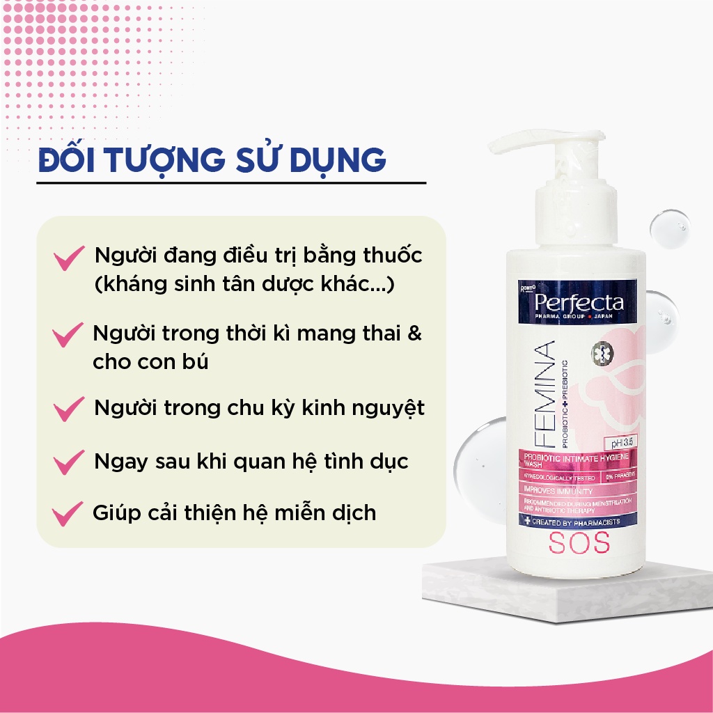 Dung dịch vệ sinh phụ nữ Perfecta Pharmacy Femina SOS Probiotic Intimate Hygiene Wash làm giảm kích ứng, mẩn đỏ 150ml