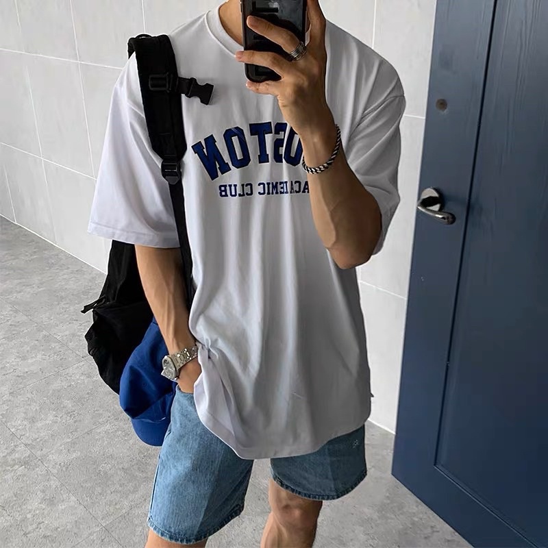 Áo thun cotton trắng in chữ boton xanh