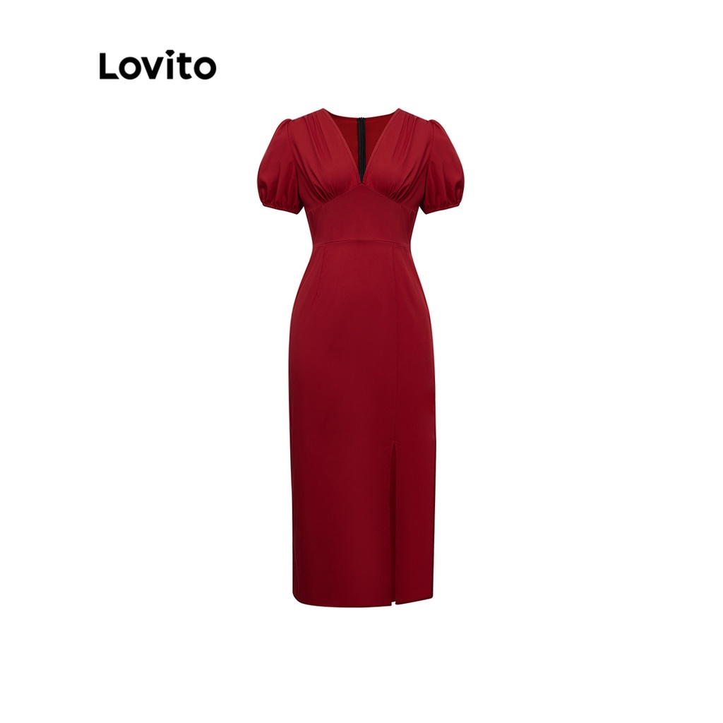 Đầm Lovito tay phồng cổ chữ V khóe sâu màu trơn xẻ tà phía trước phong cách thanh lịch cho nữ L41LD027 (đỏ tía)