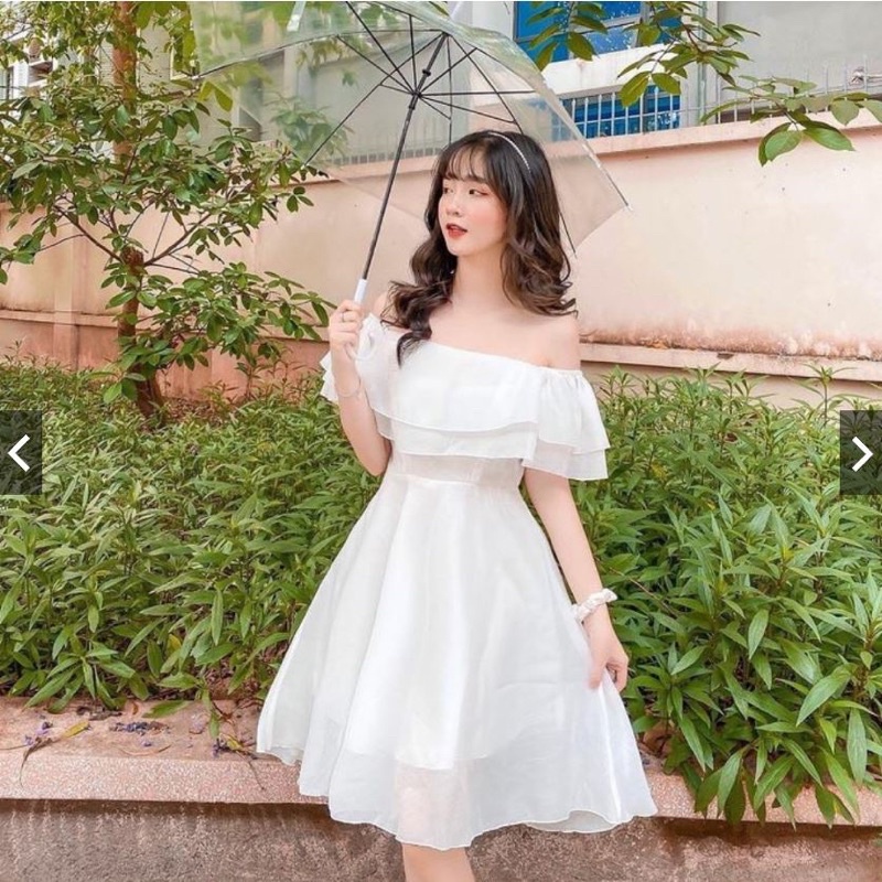 Váy Trễ Vai Bèo 2 Lớp Xinh Vải Von Mềm Mại