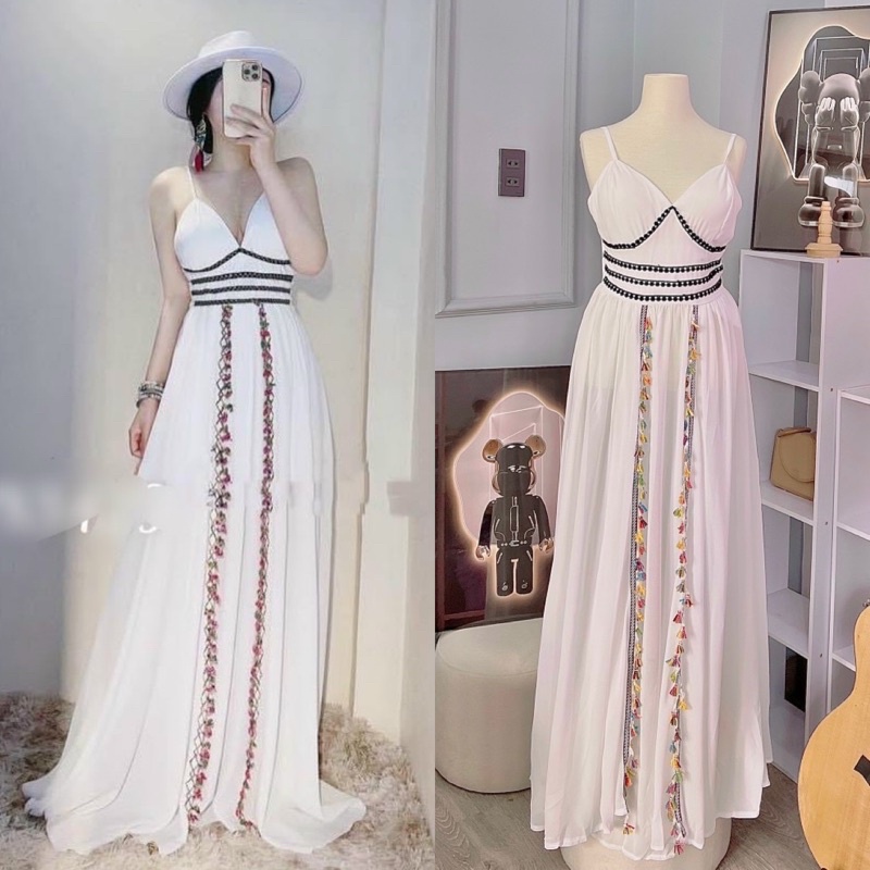 Maxi voan trắng 2 dây phối viền thổ cẩm, đầm váy dài xẻ đùi quyến rũ gợi cảm, thời trang đi chơi biển du lịch chụp hình