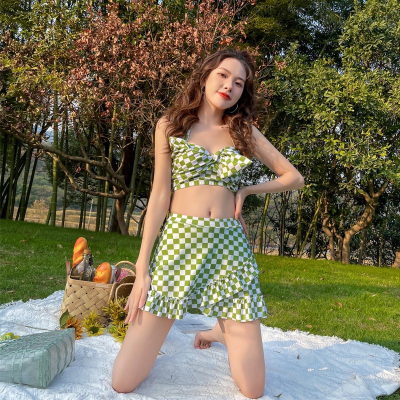 Bộ Đồ Bơi Hai Mảnh Áo + Chân Váy + Quần Boxer Mỏng Nhẹ Thời Trang Mùa Xuân Xinh Xắn Cho Nữ
