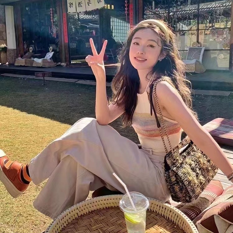 SUXI Áo Hai Dây Dệt Kim Hở Lưng Họa Tiết Kẻ Sọc Thời Trang Mùa Hè