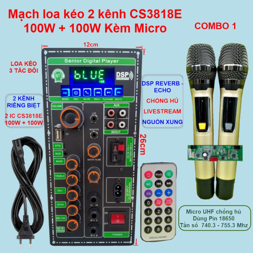 Mạch loa kéo 2 kênh Livestream DSP Reverb – Echo Chống hú 2 IC CS3818E 100W + 100W – Loa kéo 3 tấc đôi kèm Micro