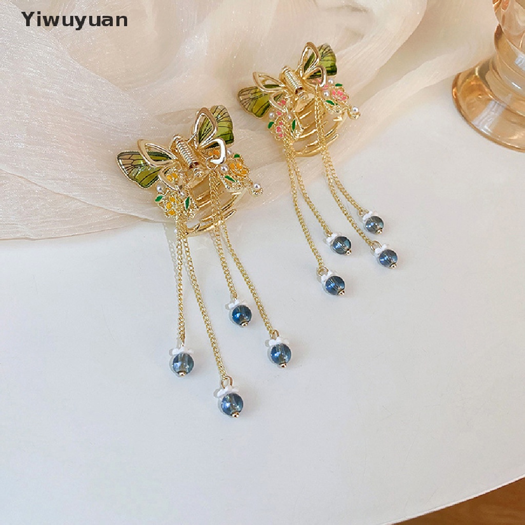 < Yiwuyuan > Kẹp Tóc Dài Tua Rua Hình Hoa Bướm Đính Ngọc Trai Thời Trang Cho Nữ