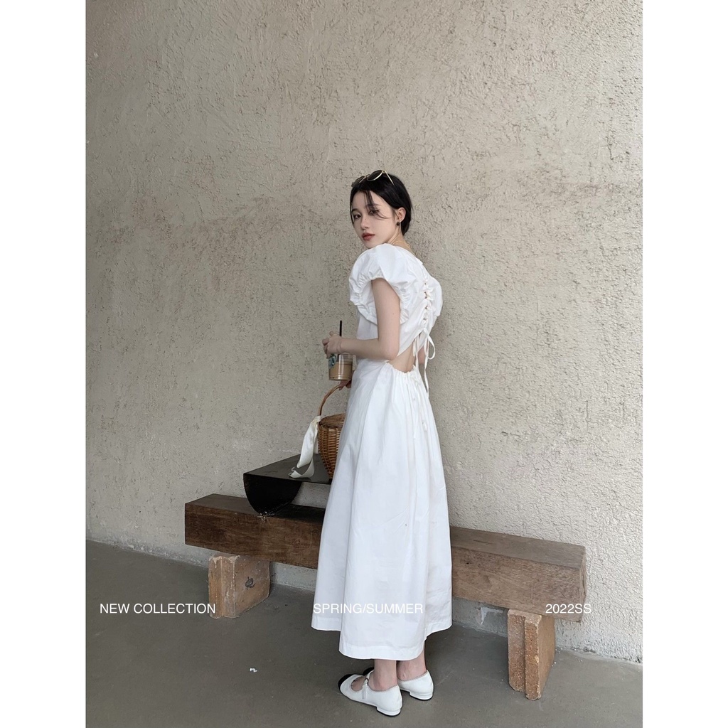 COZOK Đầm Tay Phồng Phối Ren Màu Trắng Lưng Vừa Thời Trang Quyến Rũ Cho Nữ