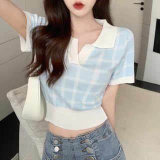 Áo thun cổ bẻ hoạ tiết caro, áo croptop chất len tăm dày dặn dáng suông mẫu mới 2023