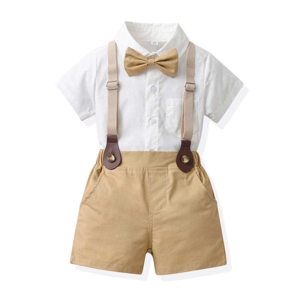 Bộ Áo Sơ Mi + Quần Yếm Kaki Thắt Nơ Thời Trang Sang Trọng Cho Bé Trai / Gái 6-12 Tháng Tuổi