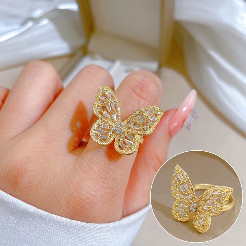 Nhẫn Hở Mạ Vàng Hình Bướm Đính Đá Zircon Phong Cách Nhật Bản