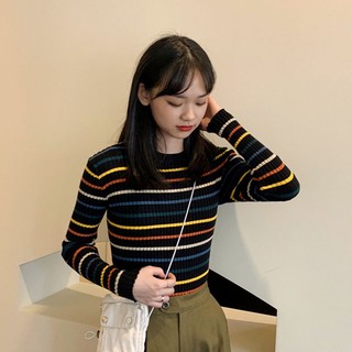 Áo len tăm họa tiết sọc ngang mỏng nhẹ mùa thu đông Hàn Quốc - Có ảnh thật