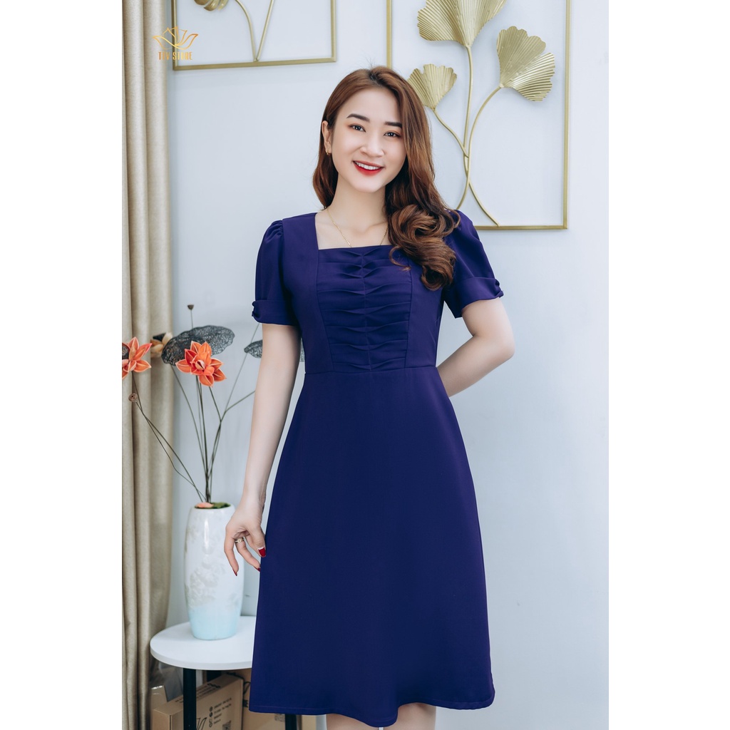 Đầm form A thiết kế trung niên TTV1264 Cổ vuông xếp ngực tay ngắn màu Tím huế thanh lịch đi chơi đi tiệc