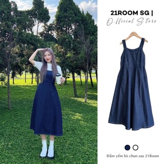   Hình Thật  Đầm Yếm Bò Jeans 21Room Dáng Dài Viền Chỉ Trắng Dễ Mặc Phong Cách Hàn Quốc Đi Chơi Đi Học Đều Được 
