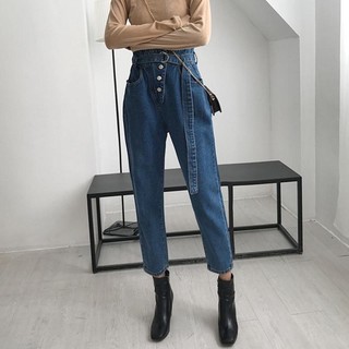 Quần baggy ulzzang order quần jean bò cạp cao thắt eo dáng hàn quốc KÈM ẢNH THẬT