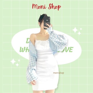 Set đầm 2 dây ôm body trắng áo khoác cardigan kẻ caro xanh dương S62