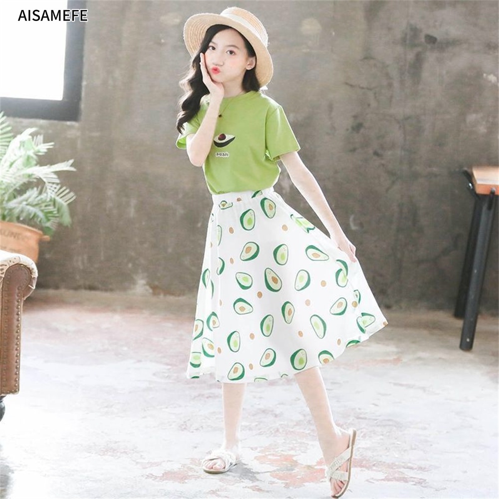 Bộ Áo Thun Cotton In Hình Quả Bơ Hoạt Hình + Chân Váy Mùa Hè Cho Bé Gái 3-12 Tuổi