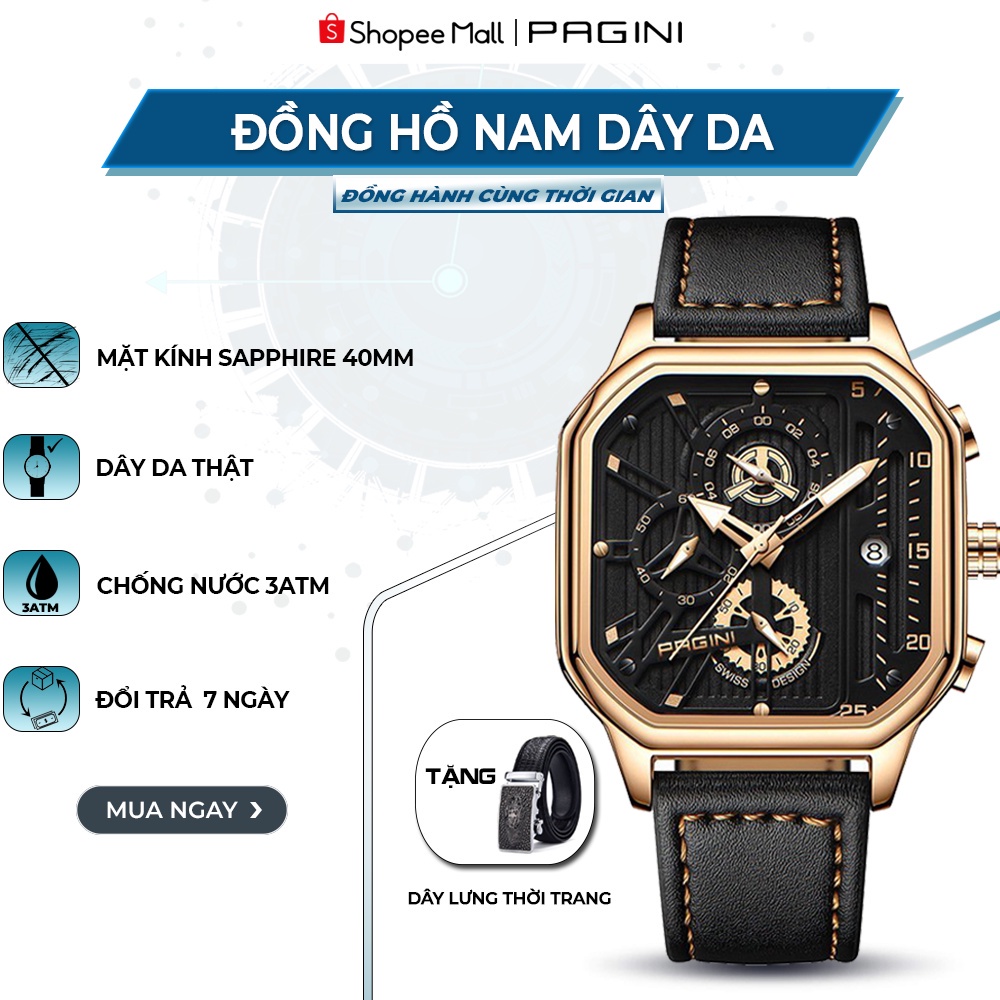 Đồng Hồ Nam Pagini PA3366 dây da thật, thiết kế từ italia, kiểu dáng độc đáo, sang trọng Full Box
