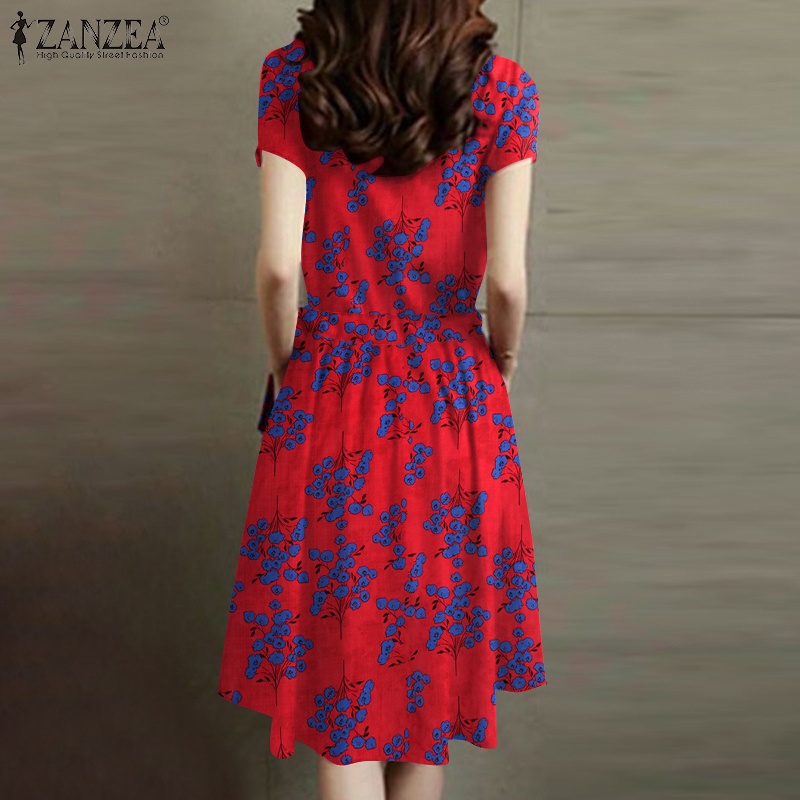 Đầm ZANZEA dây rút ngắn tay in họa tiết caro phong cách Hàn Quốc cho nữ