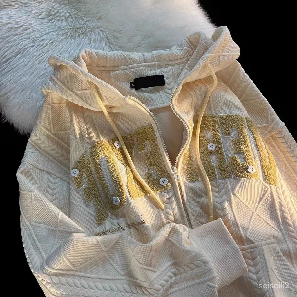 Áo Khoác Cardigan Có Mũ Dáng Rộng Thêu Chữ Phong Cách Retro Mỹ Cao Cấp Cho Nữ