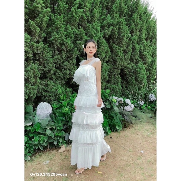 gv126- Đầm maxi suông tầng phối ren màu trắng , chất voan