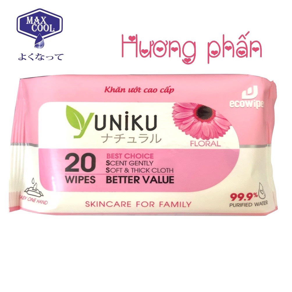 Khăn giấy ướt cao cấp Yuniku 20 TỜ  Hương Phấn/ Hương Lài / Hương Trà Xanh - HÀNG CHÍNH HÃNG MAX COOL
