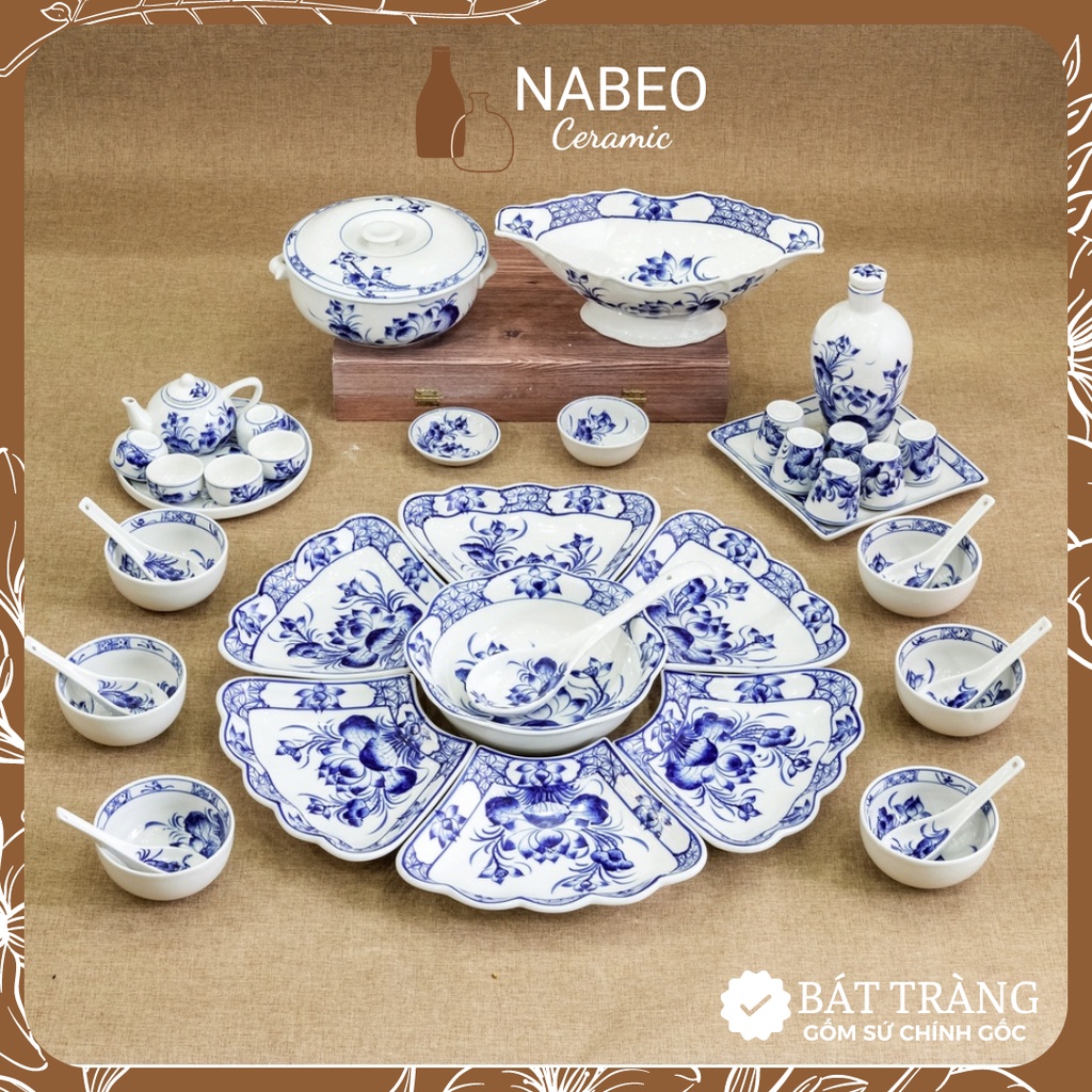 Bộ Bát Đĩa Gia Tiên Sen Vẽ Tay Thủ Công Men Mát, Bộ Mặt Trời Thắp Hương có Nậm,Trà, Ban Thờ, Gốm Sứ Bát Tràng