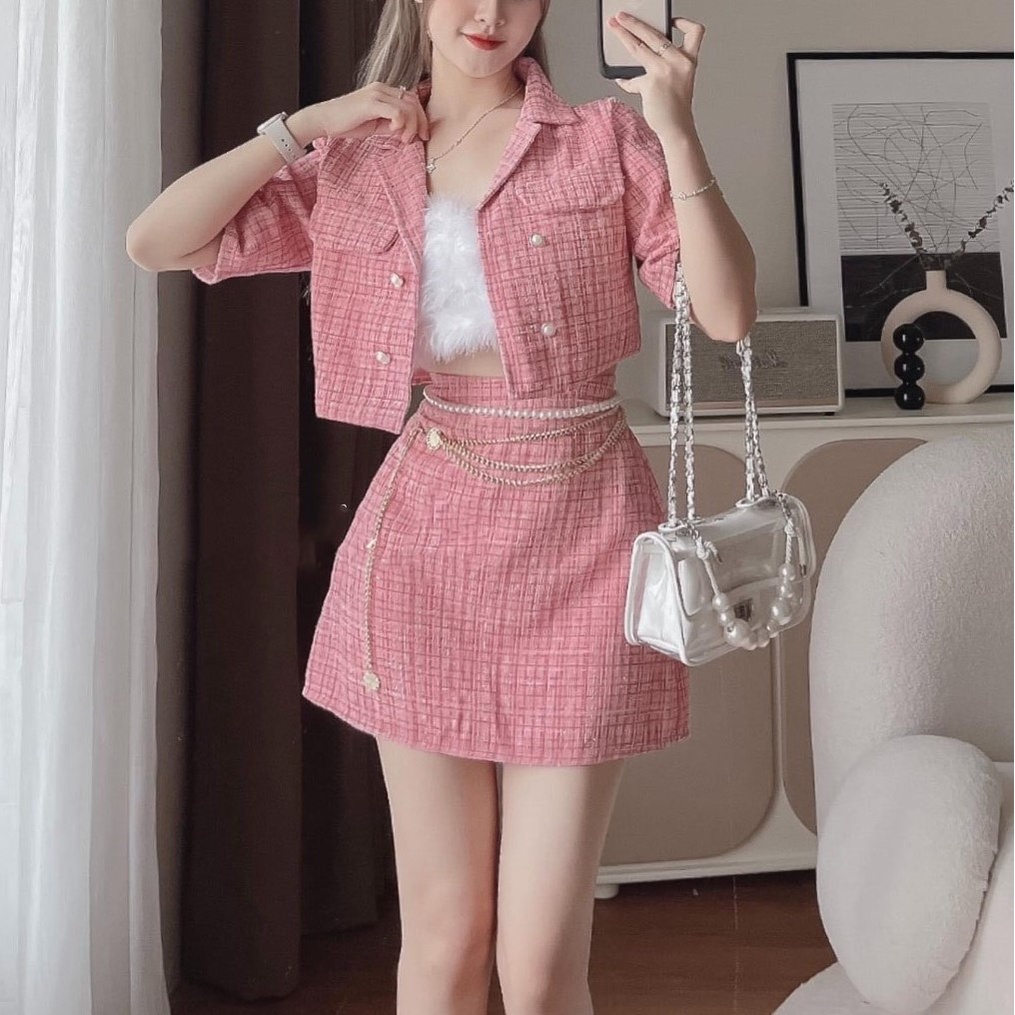 SET ÁO CROPTOP DẠ CỔ VEST + CHÂN VÁY CÙNG MÀU