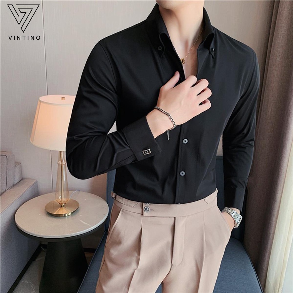 Áo Sơ Mi Button-Down Cổ V Chất Liệu Vải Chống Nhăn Form Slimfit Hàn Quốc VINTINO SMV2C