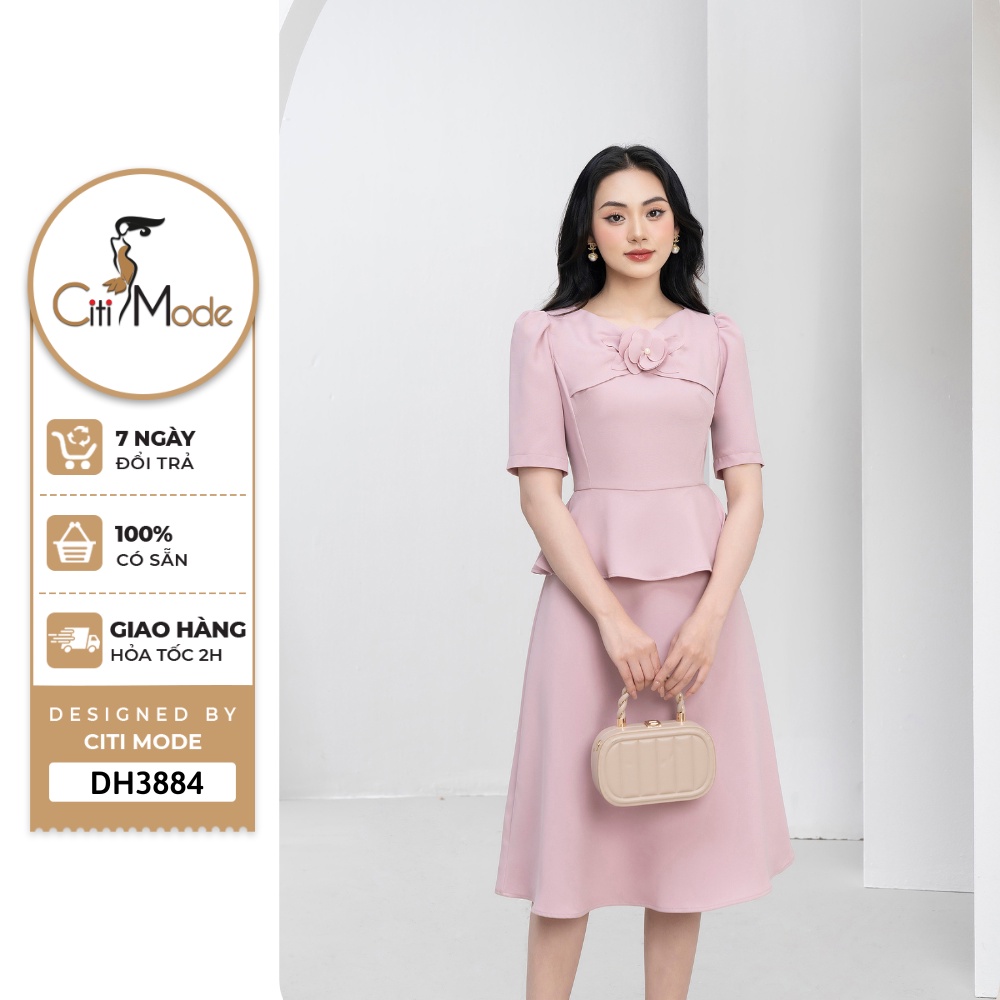 Đầm công sở CITI MODE FASHION thiết kế dáng xoè hồng peplum phối cổ thêu hoa DH3884